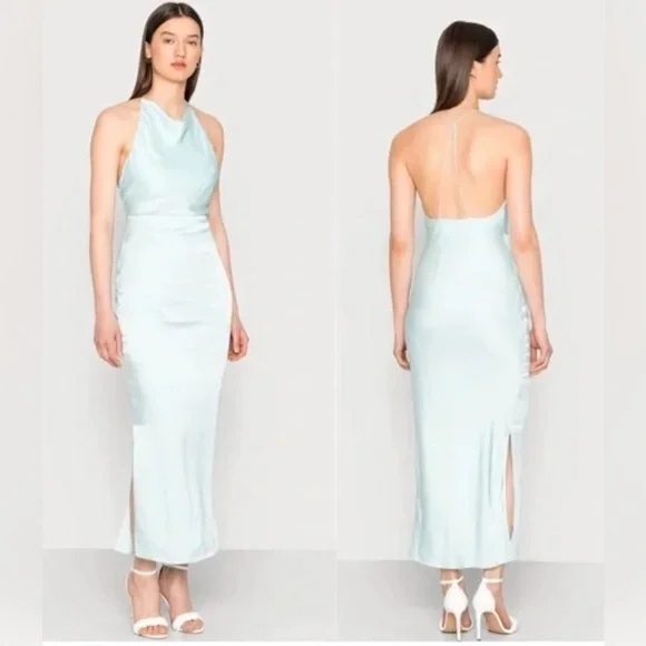 Samsøe Linea Long Satin Maxi Dress in Iced Aqua. size Large - Picture 2 of 13